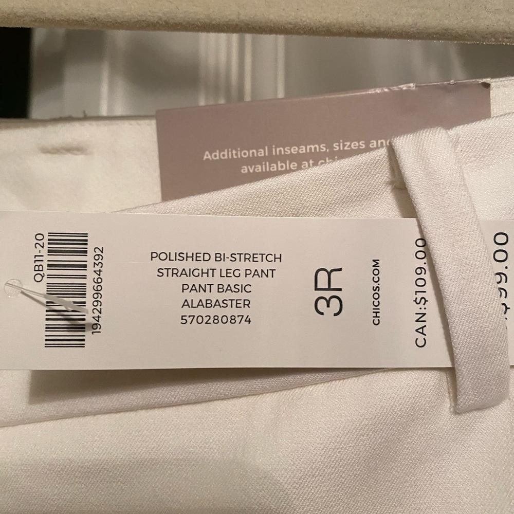 Chico’s polished bi-stretch straight leg pant - white (unlined); brand new